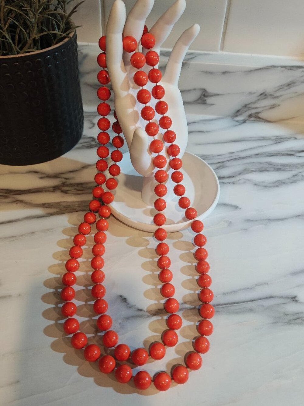 Vintage Retro Red Orange Beaded Necklace Long Statement Costume Jewelry Hallowee